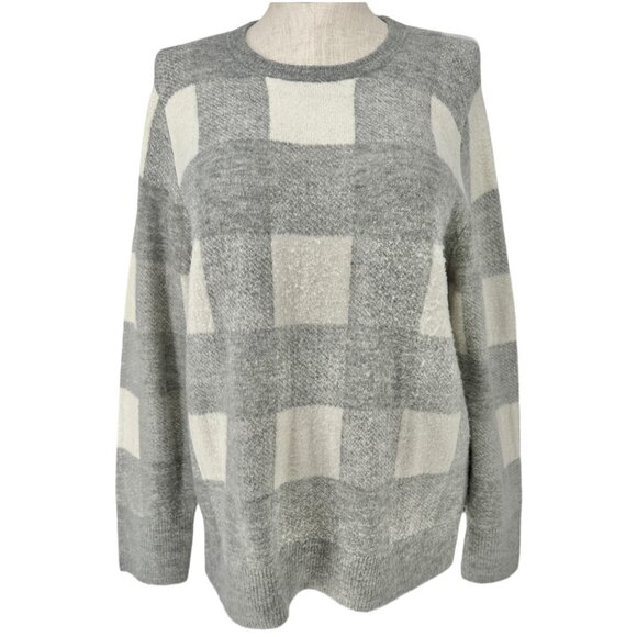 Old Navy Sweater Womens XL Gray White Plaid LS Super Soft Acrylic/Nylon Blend - Picture 1 of 10